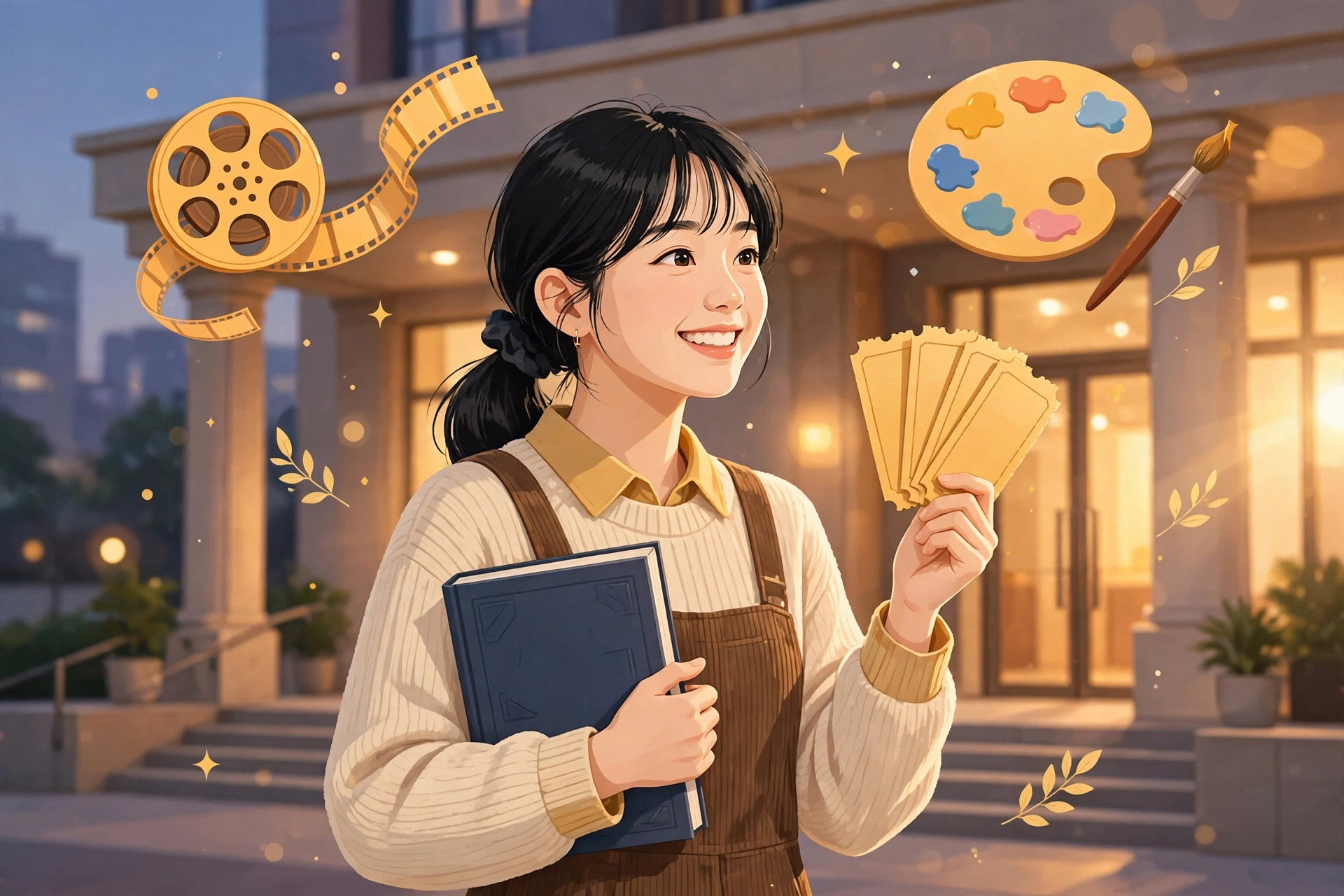 공연장에서 티켓과 책을 든 청년을 그린 따뜻한 일러스트